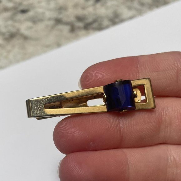 Men’s Signed Anson Tie Bar Clip Gold Tone / Blue - Picture 1 of 11
